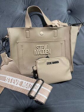 Steve Madden Taupe Pebbled Leather Shoulder Tote with Pouch
